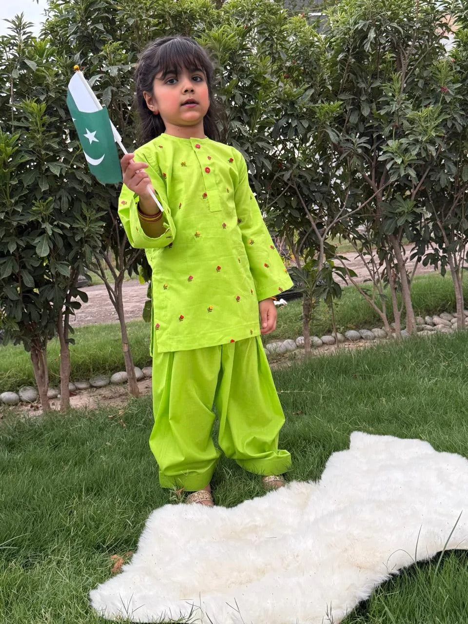 Green Lawn Cotton Shalwar Kameez with Matching Handmade Embroidery – 14th August Special