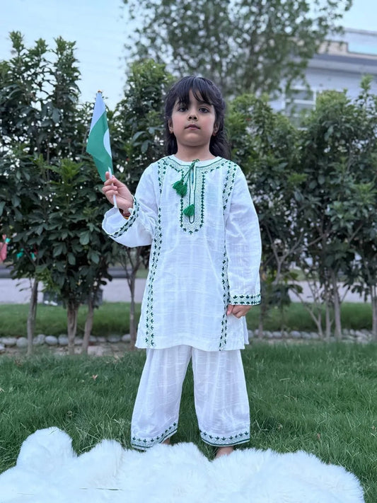White Lawn Cotton Shalwar Kameez with Green Handmade Embroidery – 14th August Special