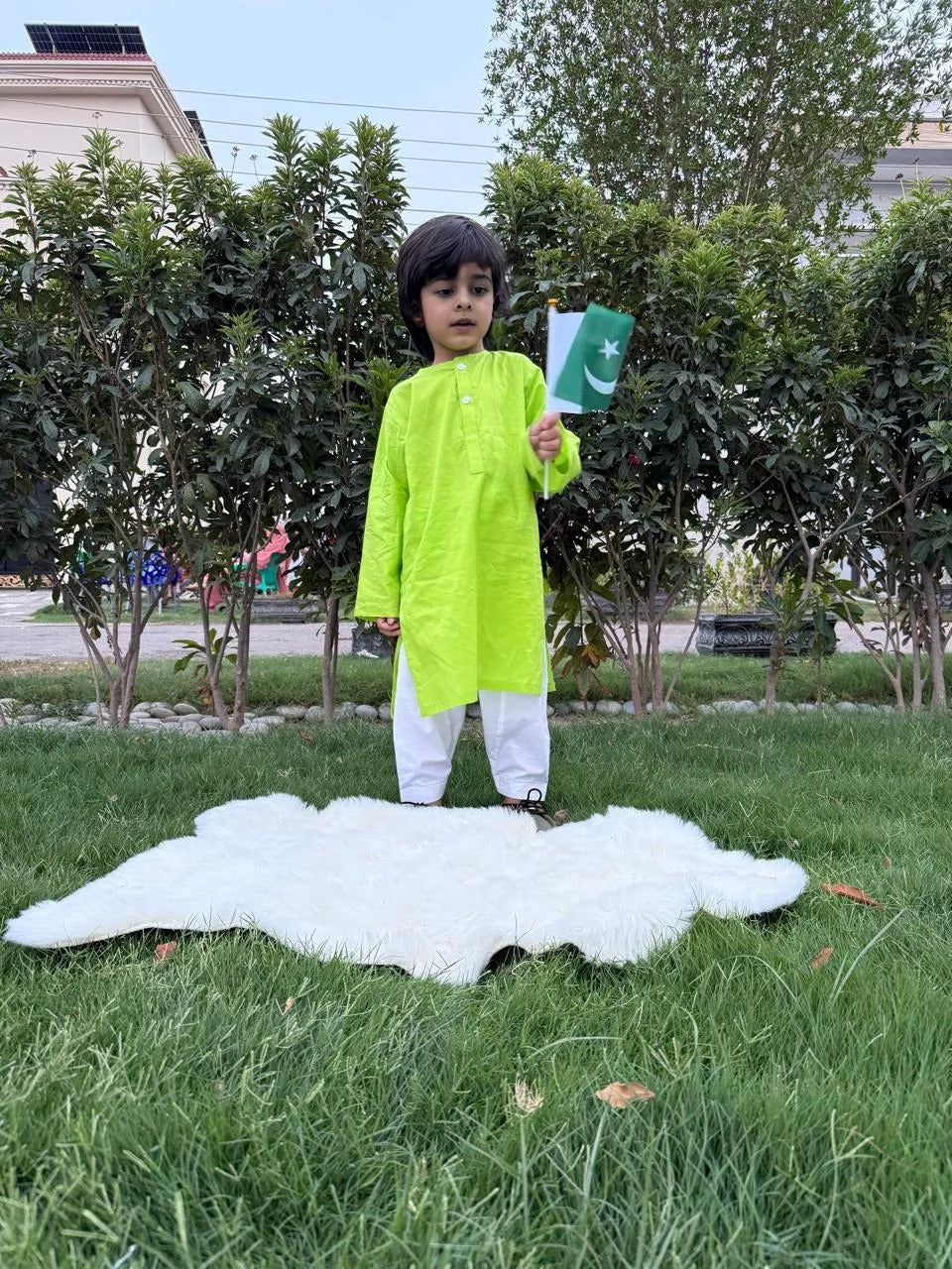 Boys Parrot Green Lawn Cotton Kurta with White Shalwar – 14th August Special | Stitched
