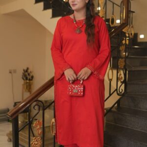 Handcrafted Red Cotton Ensemble with Mirror Work Detailing