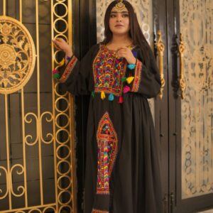 Black Pathani Frock ‚ Hand Embroidered Elegance with Shesha Work
