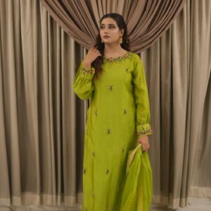 Parrot Green Muse Style Tassel Silk Ensemble with Organza Dupatta